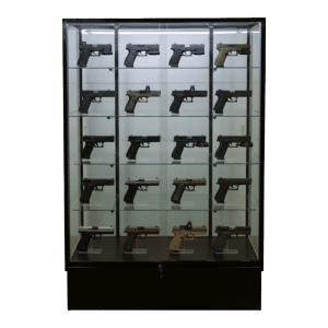 Firearms being displayed in a 72 Inch Black Extra Vision Gun Display Case