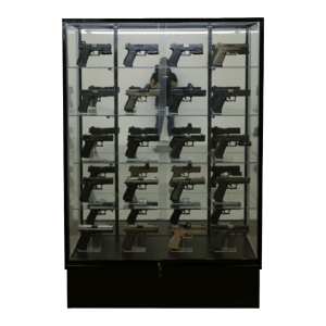 Firearms being displayed in a 72 Inch Black Mirror Back Gun Display Case