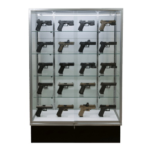 Firearms being displayed in a 72 Inch Silver Extra Vision Gun Display Case