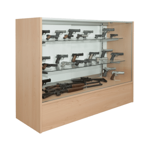 Firearms being displayed in a maple gun display case