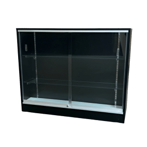 48" Black Flat Top Glass Front Checkout Counter with Shelves | Cash Wrap