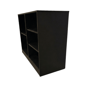 48" Black Flat Top Glass Front Checkout Counter with Shelves | Cash Wrap