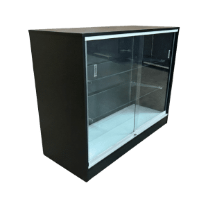 48" Black Flat Top Glass Front Checkout Counter with Shelves | Cash Wrap