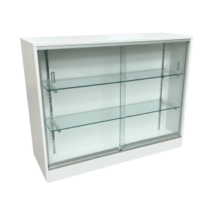 48" White Flat Top Glass Front Checkout Counter with Shelves | Cash Wrap
