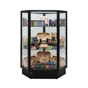 Black Smoke Shop Glass Corner Display Case with LED Lights