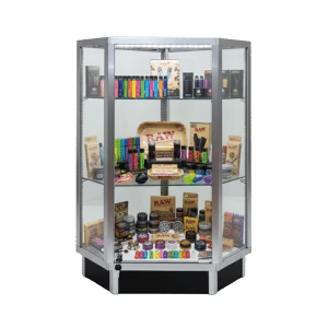 Silver Smoke Shop Glass Corner Display Case with LED Lights