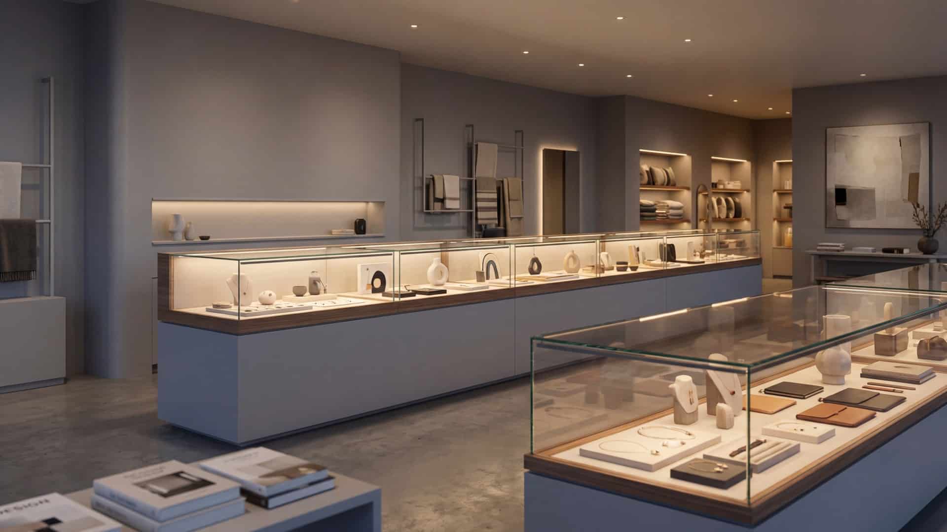 Custom display cases in a luxury retail store