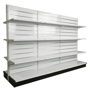 Slatwall Backed Double Sided Gondola Shelving Starter Unit | White | 3 Rows | Madix Compatible | 48" x 54"