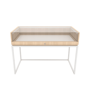 Thin Frame Display Case with Open Base | Raw Oak Wood & Gloss White Frame