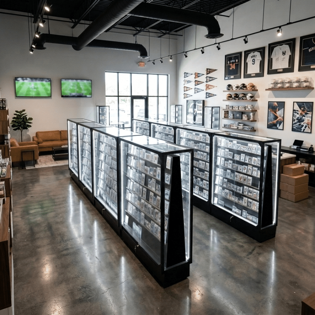 Double Sided Sports Card Display Cases in a Sports Card Shop