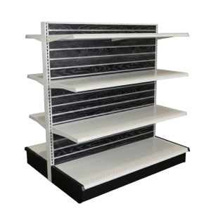 Black Woodgrain Slatwall Backed White Double Sided Gondola Shelving Starter Unit | 6 Shelves | Madix Compatible | 48" x 54"