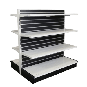 Matte Black Slatwall Backed White Double Sided Gondola Shelving Starter Unit | 6 Shelves | Madix Compatible | 48" x 54"