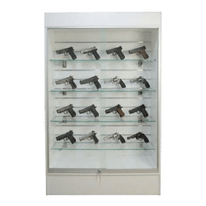 78" White Woodgrain Slatwall Backed Gun Wall Display Case