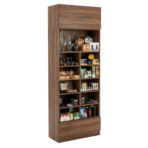 Brown Woodgrain Smoke Shop Tall Wall Cubby Display Case with Drawer