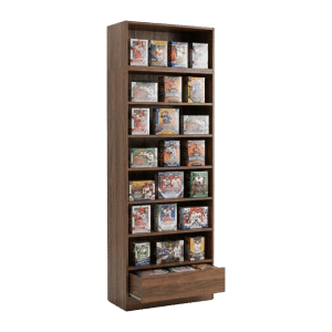 Brown Woodgrain Sports Card Shelf Display Case with Drawer