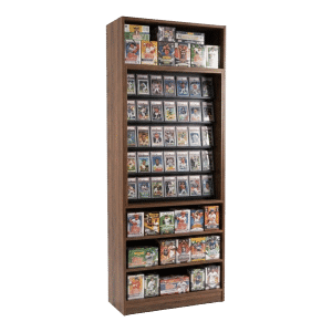 Brown Woodgrain Sports Card Tall Wall Display Case with Shelves