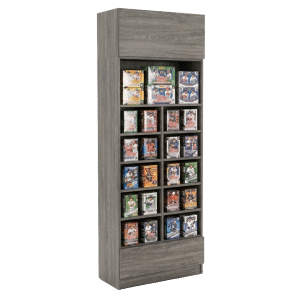 Gray Woodgrain Sports Card Tall Wall Cubby Display Case with Drawer