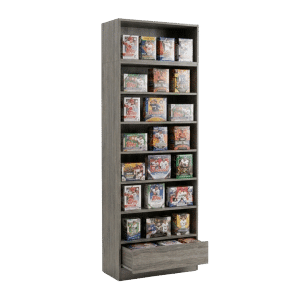Gray Woodgrain Sports Card Shelf Display Case with Drawer